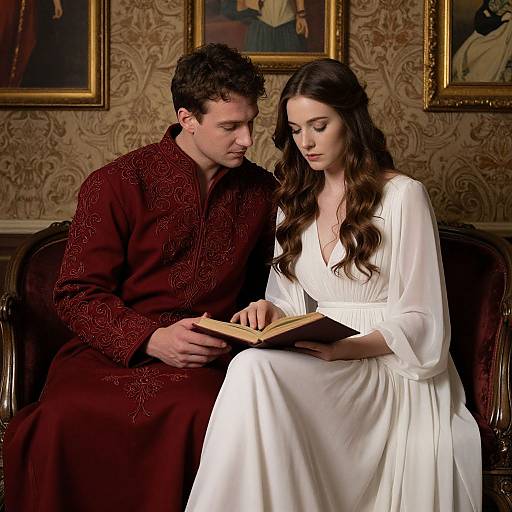 Photograph of a man in a rich burgundy robe and a woman in a white, flowing dress, sitting on a dark, ornate chair,