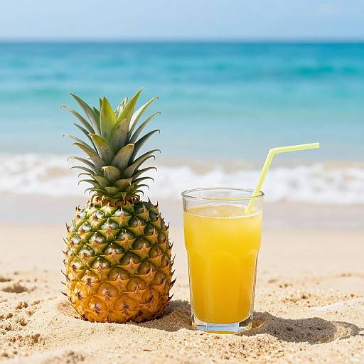 Photograph of a pineapple and a glass of orange juice with a yellow straw on a sunny beach with turquoise ocean.