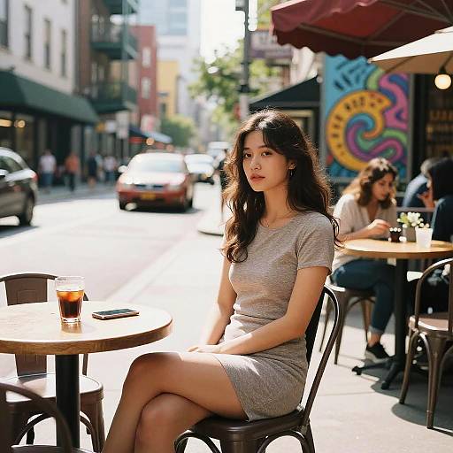 Photograph of an Asian woman with long dark hair, wearing a gray dress, sitting at an outdoor café, sunlight, city street, colorful mural in