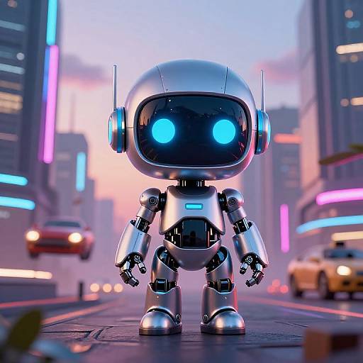 CGI image of a futuristic, robot child with glowing blue eyes, standing on a neon-lit city street at dusk.