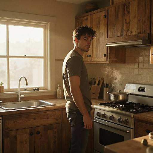 Man in Cozy Golden Hour Kitchen