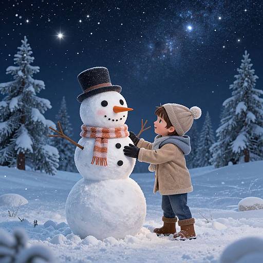 Photograph of a young child building a snowman with a black top hat, orange scarf, and stick arms in a snowy forest at night, under