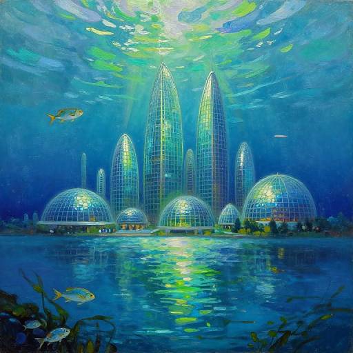 Fantastical underwater cityscape with glowing, futuristic domes and towers, illuminated by sunlight filtering through the water, surrounded by fish. Digital painting.