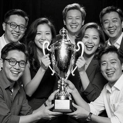 Diverse Group Celebrating with Trophy