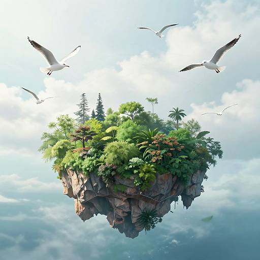 Digital art of a floating island with lush greenery, tall trees, and rocky base, surrounded by flying seagulls against a bright, cloudy sky