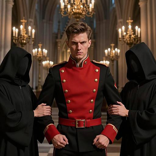 Intense Man in Gothic Cathedral Scene