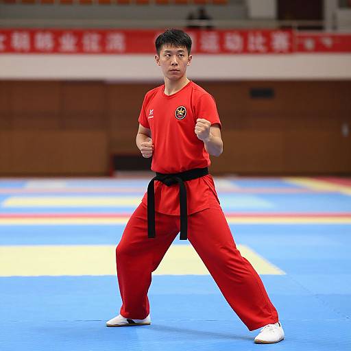 Photograph of an Asian male martial artist in a red gi, black belt, and white shoes, standing in a fighting stance on a blue mat in