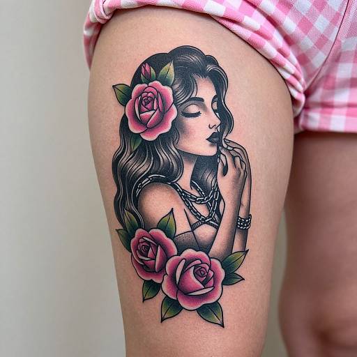 Stylized Woman Tattoo with Pink Roses