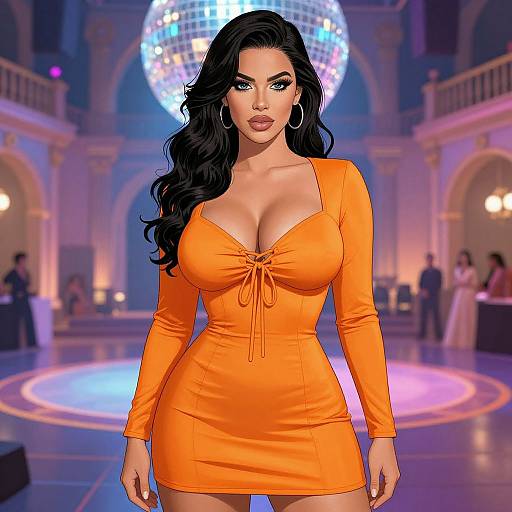 Digital artwork of a curvy woman with long black hair, wearing a tight, low-cut orange dress, standing in a luxurious ballroom with a glowing