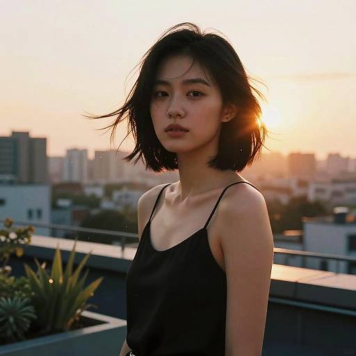Photograph of an Asian woman with short black hair, wearing a black spaghetti-strap top, standing on a rooftop at sunset, cityscape blurred in