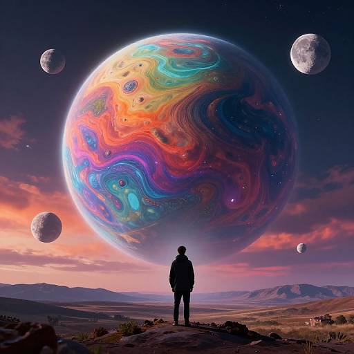 Digital artwork of a silhouetted person standing in a desert, gazing at a massive, colorful, swirling planet with smaller moons in a vibrant
