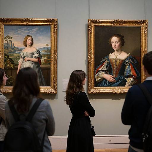 Photograph of a museum gallery with two framed, ornate portraits of women in Renaissance-style dresses, viewed by several visitors.