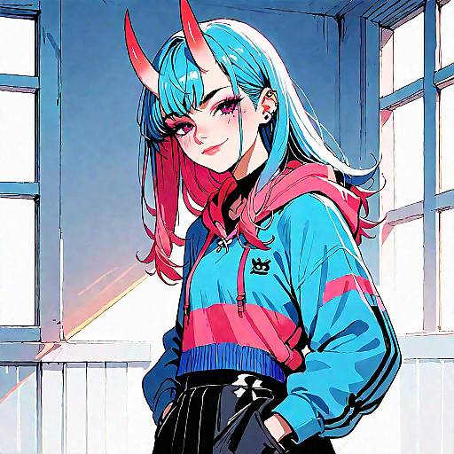 Anime Oni Girl with Blue and Pink Hair