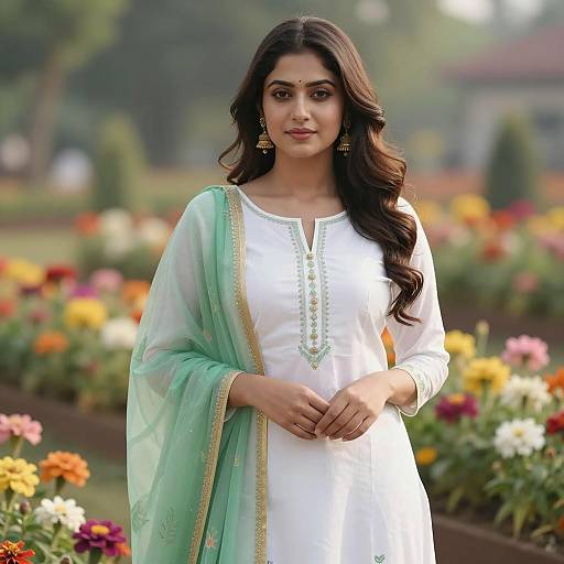 Young Woman in Traditional Indian Suit with Dupatta in Flower Garden