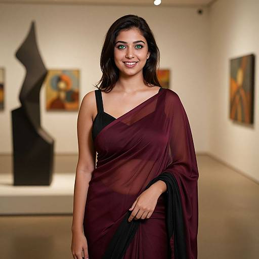 Photograph of a smiling South Asian woman with medium brown skin, dark brown wavy hair, wearing a sheer maroon saree, standing in an