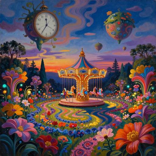 Whimsical, colorful digital painting of a glowing carousel in a surreal garden at sunset, with floating clock and flower balloons.