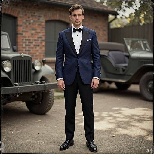 Photograph of a young man in a dark blue tuxedo with black bow tie, white shirt, and black shoes, standing in front of classic