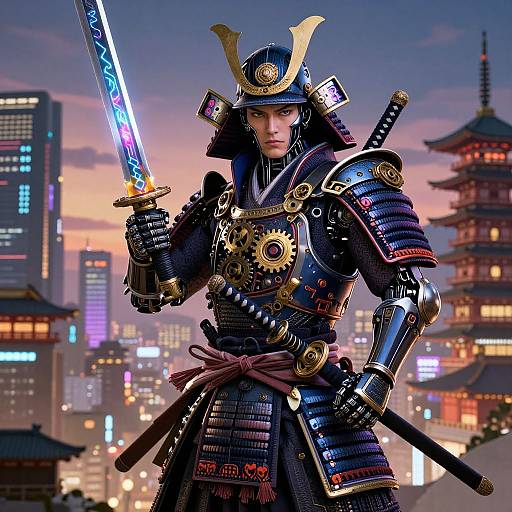 Digital illustration of a samurai in detailed, black and gold armor, holding a glowing blue sword, standing in a modern cityscape at sunset with traditional
