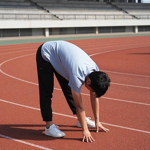 Sunlit Athlete Stretching on Track