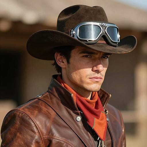 Cowboy in Brown Leather Outfit with Goggles