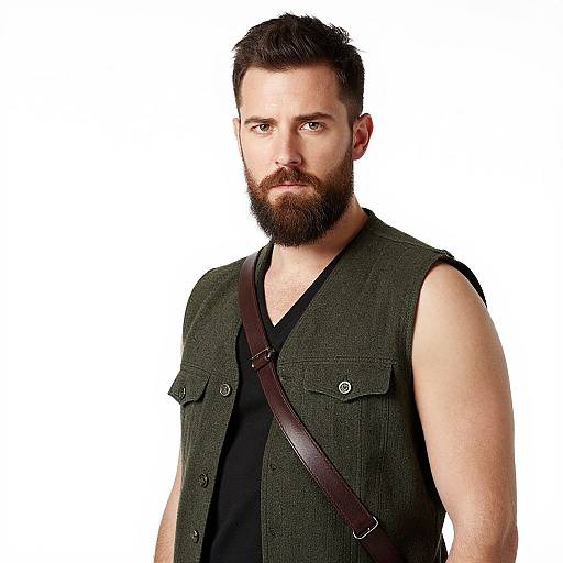 Photograph of a bearded, fair-skinned man with dark hair, wearing a sleeveless green vest over a black shirt, with a brown strap