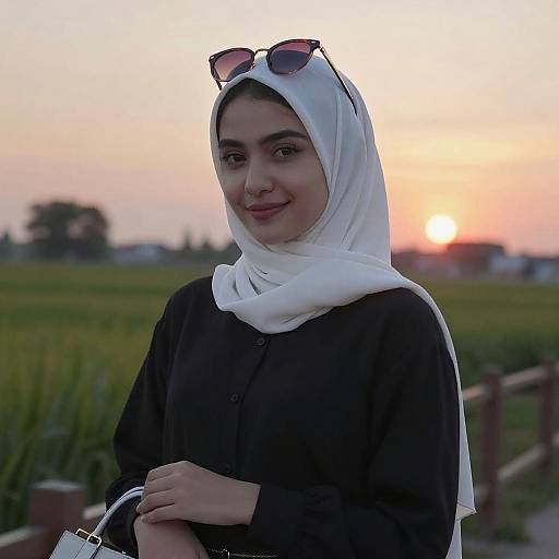 Young Woman in White Hijab at Sunset