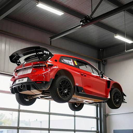 Sleek Red Rally Car in Industrial Garage