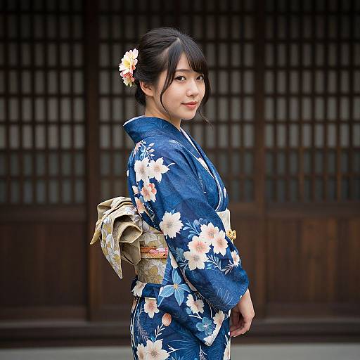 Woman in Blue Kimono by Building