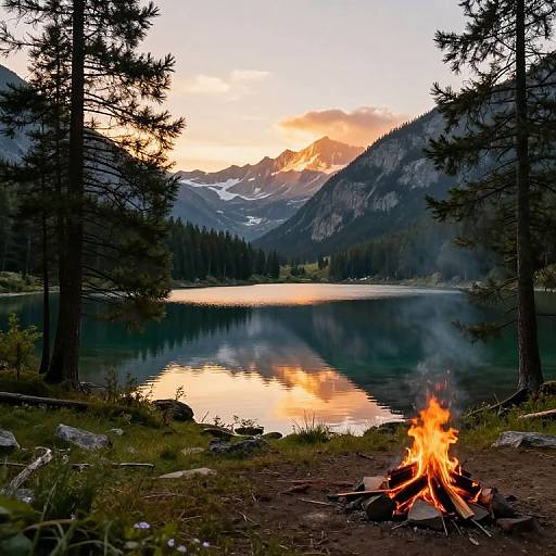 Photograph of a serene mountain lake at sunset, reflecting golden sky, with a roaring campfire in the foreground, surrounded by pine trees.