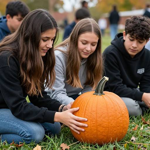 Photograph of three young people kneeling outdoors, examining a large orange pumpkin on grass; autumn setting with blurred trees in background.