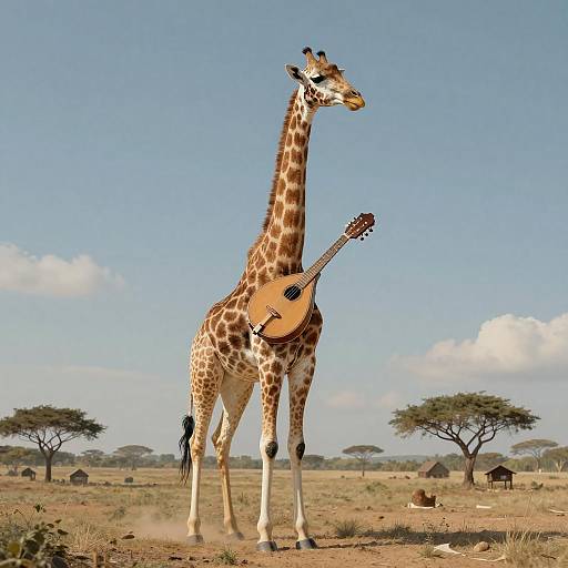 Photograph of a tall giraffe standing in a savanna, holding a small acoustic guitar against a clear blue sky with distant acacia trees and small