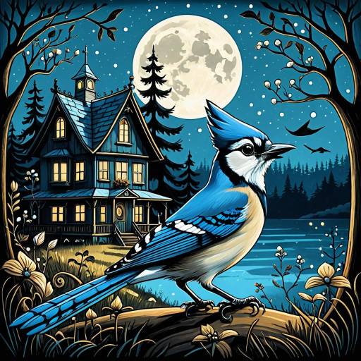 Whimsical Blue Jay in Enchanted Forest