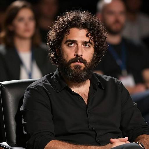 Bearded Man with Curly Hair Sitting in Chair