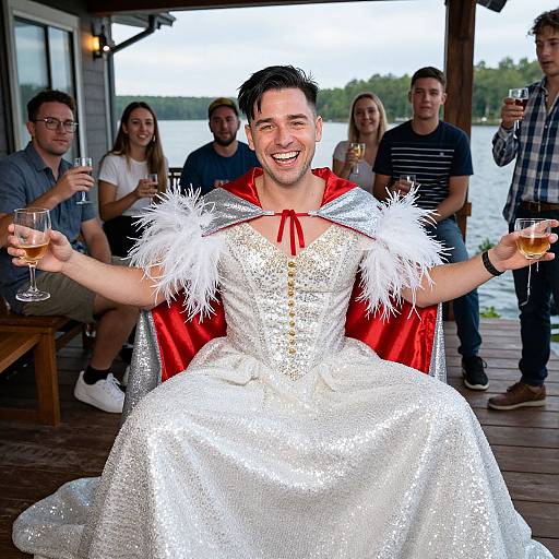 Photograph of a smiling man in a sparkling white gown with red cape and white feather shoulders, holding a champagne glass, seated on a wooden dock with