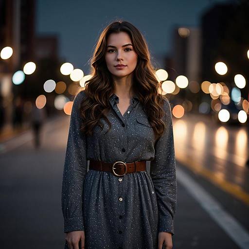 Young Woman in Grey Dress on City Street at Night