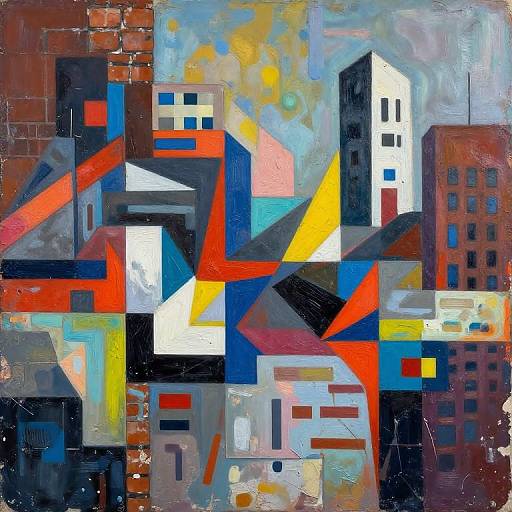 Abstract cityscape painting with bold, geometric shapes in red, blue, yellow, black, and white, depicting urban buildings under a cloudy sky.