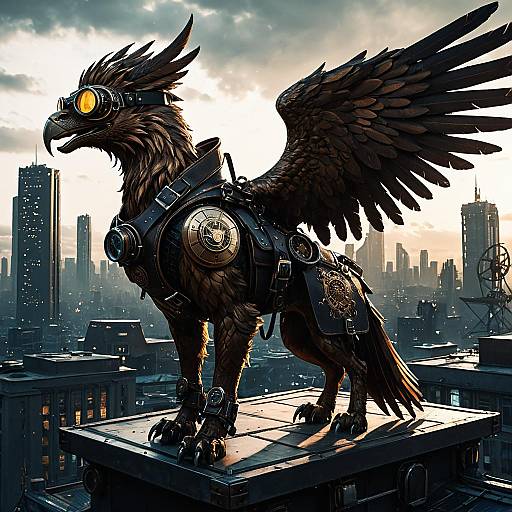 Steampunk Bronze Griffon on Cyberpunk Rooftop
