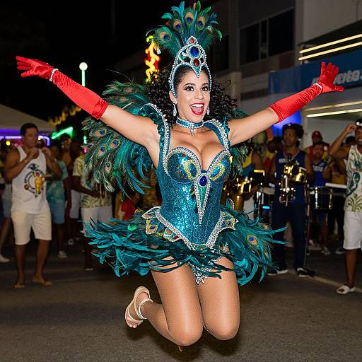 Photograph of a vibrant, dark-haired woman in a turquoise peacock-themed costume with red gloves, kneeling, arms outstretched, at a nighttime