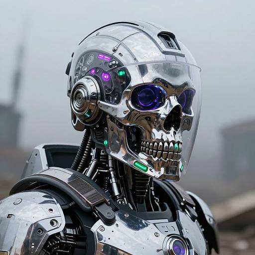 Photorealistic CGI of a futuristic, metallic humanoid robot with a reflective skull-like face, glowing purple and green lights, and intricate mechanical details. Background