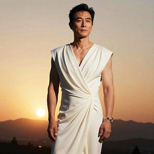 Photograph of an Asian man with short black hair, wearing a sleeveless white wrap dress, standing against a sunset sky.