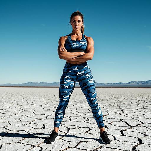 Athletic Woman in Blue Camo Fitness Outfit on Salt Flats