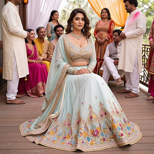 Photograph of a beautiful Indian woman in a light blue, intricately embroidered traditional lehenga, seated in a wooden pavilion, surrounded by guests in