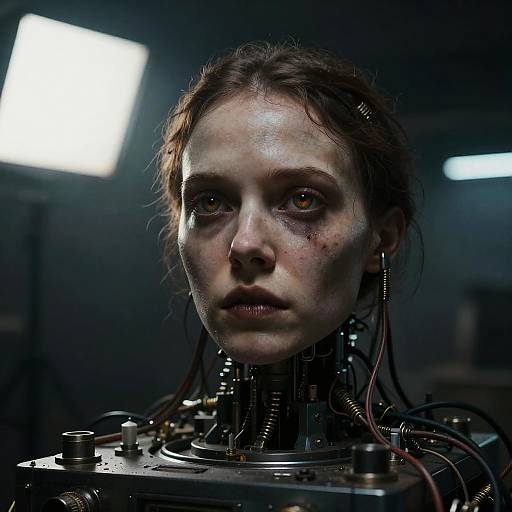 Photorealistic CGI of a distressed, cybernetic woman with brown hair, exposed wires, and mechanical neck attachments, illuminated by a bright light in
