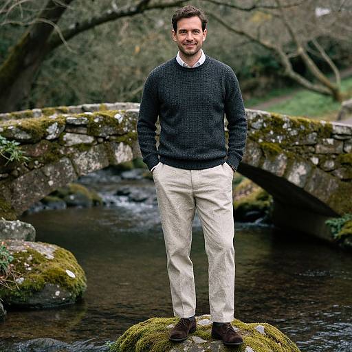 Photograph of a smiling man with dark hair and beard, wearing a black sweater, white pants, and brown shoes, standing on a mossy rock