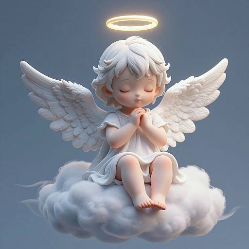 Digital art of a chubby, white-winged, cherubic angel with closed eyes, hands in prayer, halo above, sitting on a fluffy white cloud