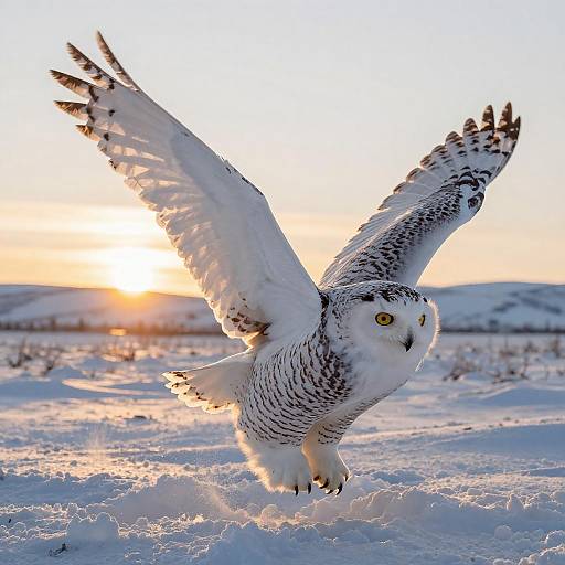 Snowy Owl in Flight at Sunset