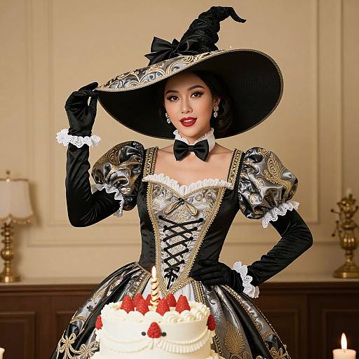 Photograph of an Asian woman in a detailed black and silver Victorian-style witch dress, wide-brimmed hat, and gloves, standing in front of