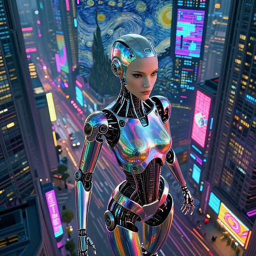 CGI image of a futuristic, metallic, humanoid woman with glowing blue and purple highlights, standing in a vibrant, neon-lit cityscape inspired by