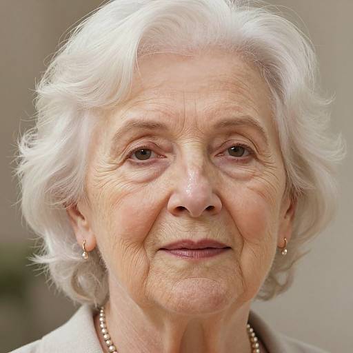 Photograph of an elderly white woman with short, wavy white hair, wearing pearl earrings and necklace, smiling softly, with gentle wrinkles and fair skin