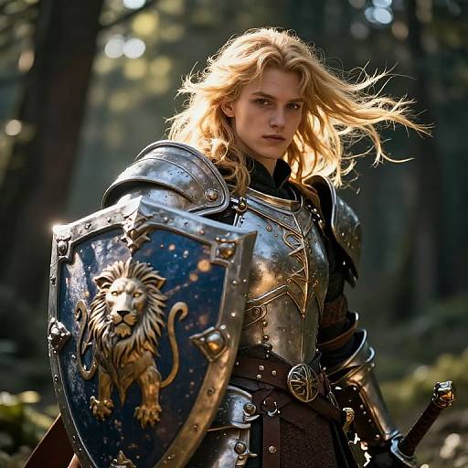 Photorealistic CGI of a blonde, fierce warrior in medieval armor with lion-embossed shield, standing in a sunlit forest.